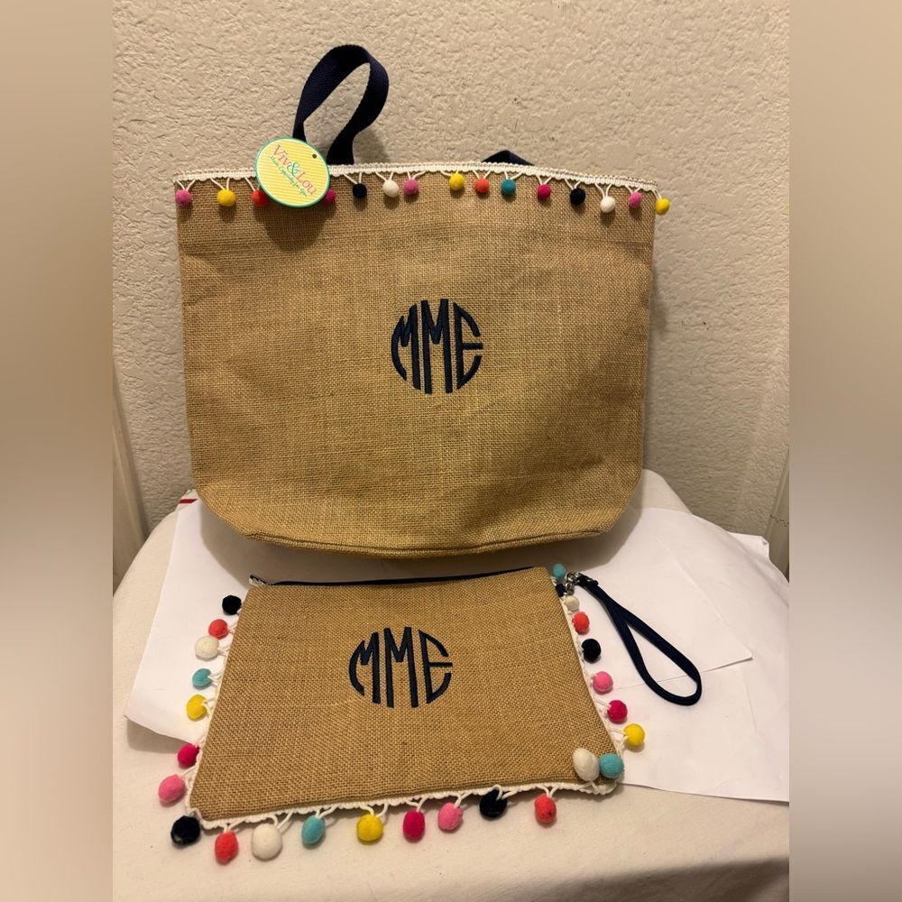 NWT Viv& Lou Chic Tan Tote and Pouch Set with Colorful Pom-Poms